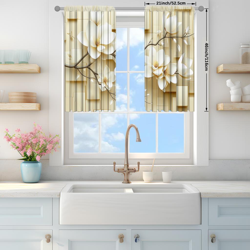 2 Stück elegante und reinweiße Vorhänge mit Magnolienblumen-Print für die Inneneinrichtung – Fensterbehandlung mit Stangentasche für Schlafzimmer, Büro