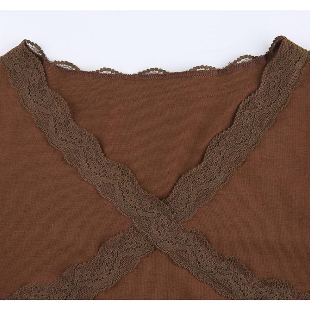 Women's Lace Ribbed Knit Long Sleeve T-shirt, Solid Color Bodycon Cropped Top, Streetwear Fashion