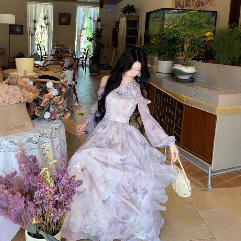 French Off-Shoulder Butterfly Print Long-Sleeve Ruffle Dress for Women - Spring/Summer Collection