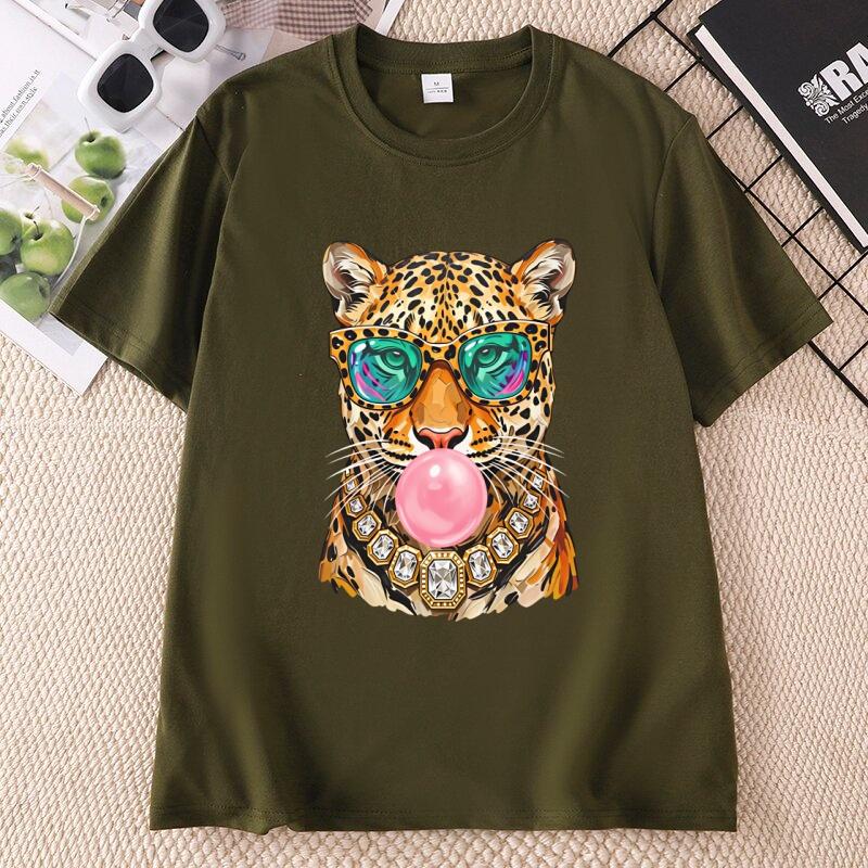 Trendy Leopard T Shirt Bubblegum Sunglasses Big Cat Graphic T Shirts Retro Animal Printed Tshirt Cotton Short Sleeve Tops