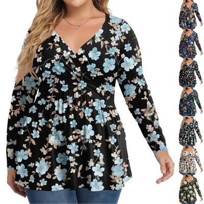 Women's Plus Size Shirt Long Sleeve  Print Top Pleated Casual V-Neck Top