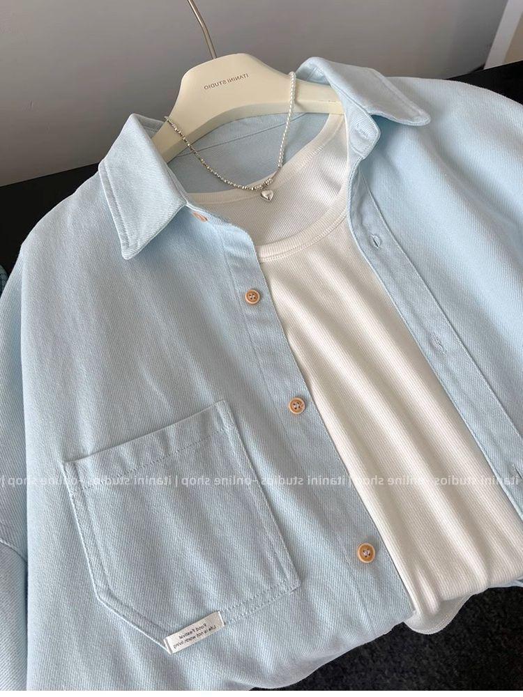 Women's Casual Loose-Fit Blue Twill Shirt Jacket - Long Sleeve, Lapel, Autumn/Winter Trendy Top