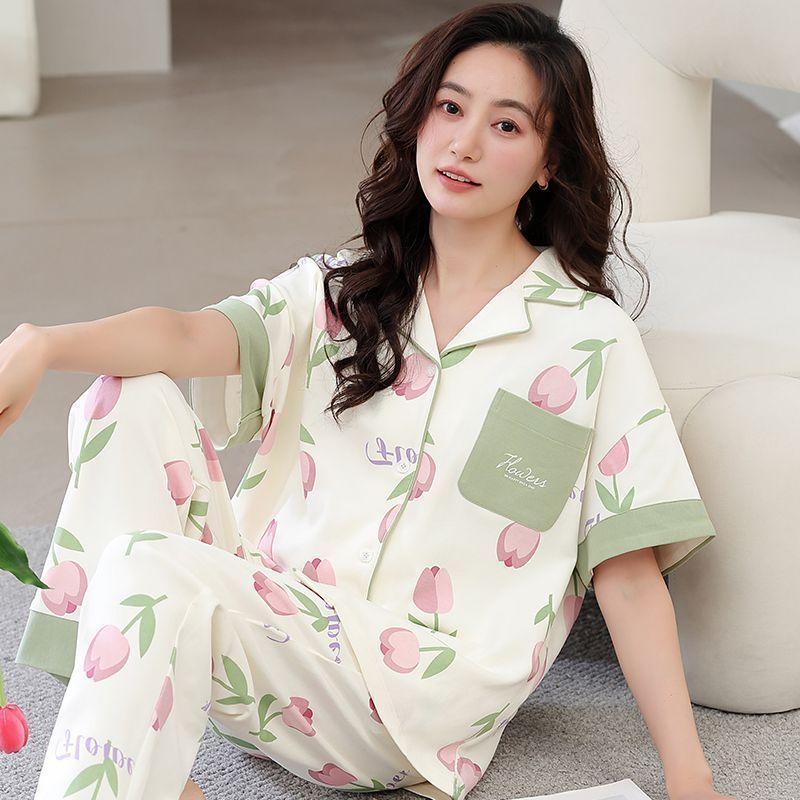 Pure cotton pajamas women's summer short-sleeved trousers two-piece set spring and summer loose casual loungewear can be worn outside