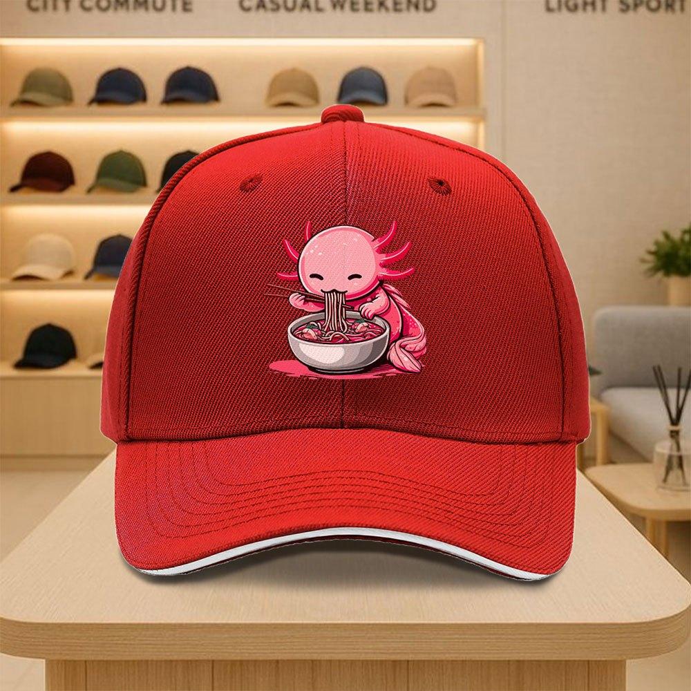 

Cute Axolotl Eating Ramen Noodle Baseball Cap Funny Pink Amphibian Graphic Adjustable Polyester Hat Casual Outdoor One Size