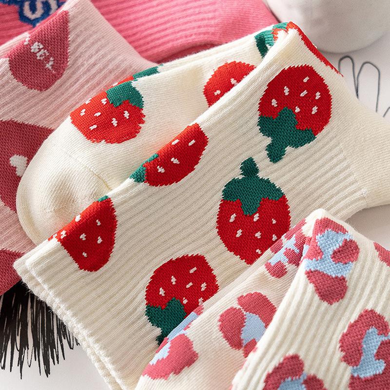 Cute Harajuku Strawberry Love Sweet Socks Middle Tube Breathable  Autumn And Winter Casual Socks