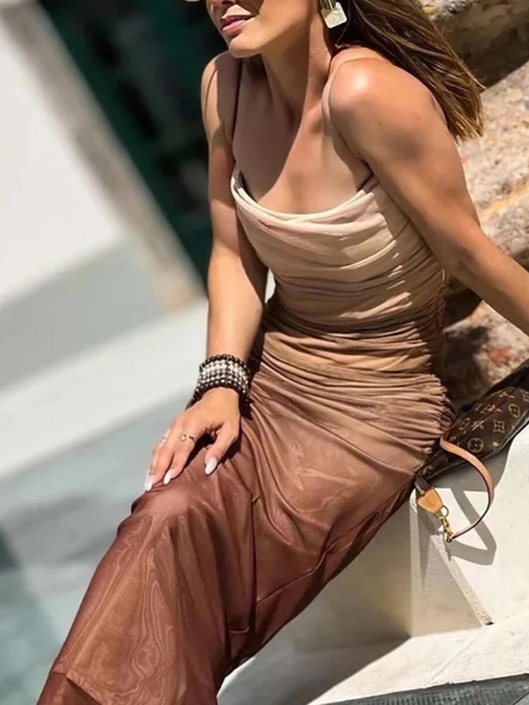 Women's Gradient Printed Tulle Halter Midi Dress Fashion Sexy Backless Spaghetti Strap Dress Summer Party Slim Dresses