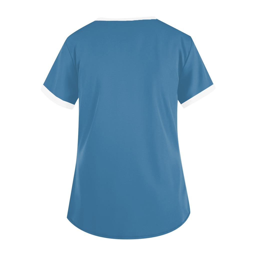 Modische Arbeitskleidung für Damen mit V-Ausschnitt, kurzen Ärmeln und bedruckten Taschen