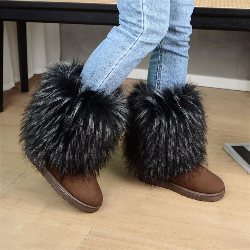 Women's New Winter Fur One-piece Imitation Raccoon Fur Warm Snow Boots Furry Shoes Outdoor Boots