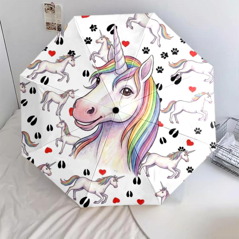 

1 PC Automatic Folding Umbrella - Cartoon Mustang Unicorn Pattern, Portable & Foldable Design with 8 Ribs, Christmas Birthday Gifts
