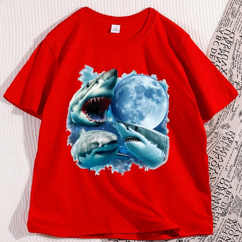 Sharks and Moon Vintage Graphic Tshirts Casual Shark Tshirt Shark Ocean Lovers Tees Funny Graphic Tee Cotton Short Sleeve Tops