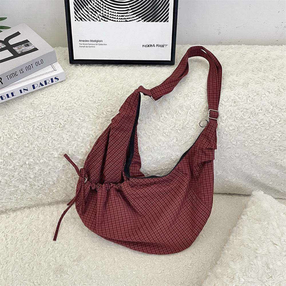 Korean Style Croissant Bag: Large Capacity Pleated Nylon Plaid Canvas Shoulder Bag