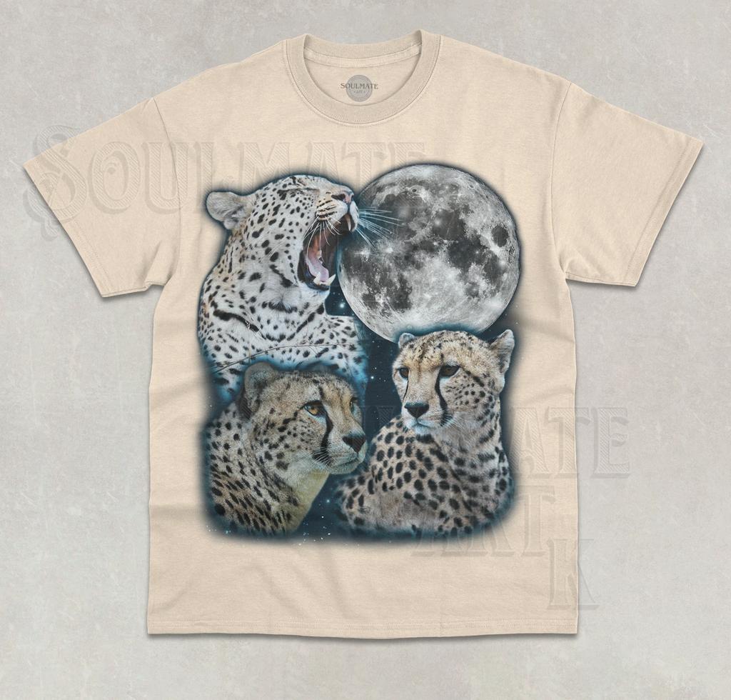 Three Cheetah Moon T- Shirt Funny Wolf Parody Wild Animal Lover Graphic Shirt