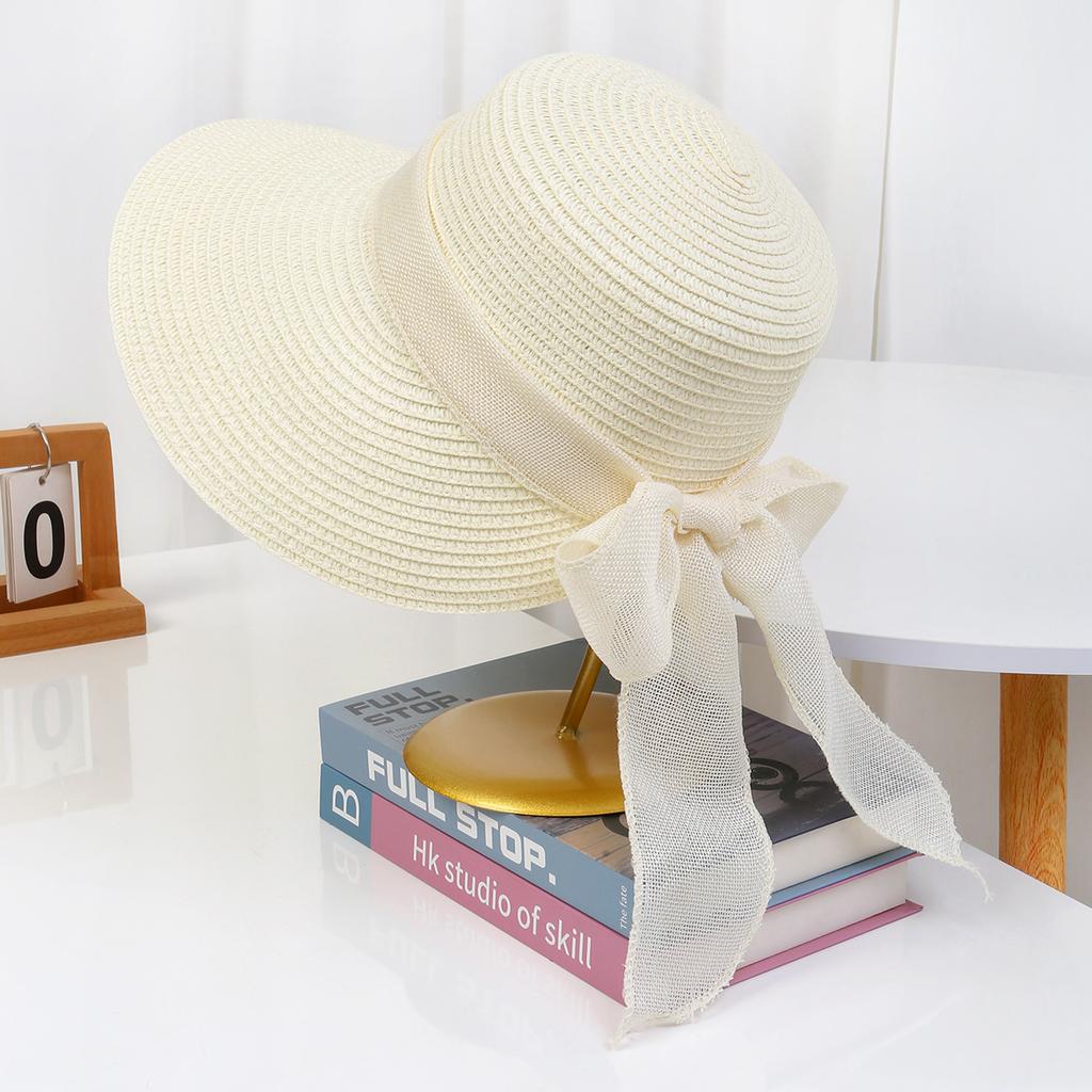 Lace Bow Straw Hat Women's Summer French Large Brim Sunscreen Hat Seaside Beach Vacation Sun Hat