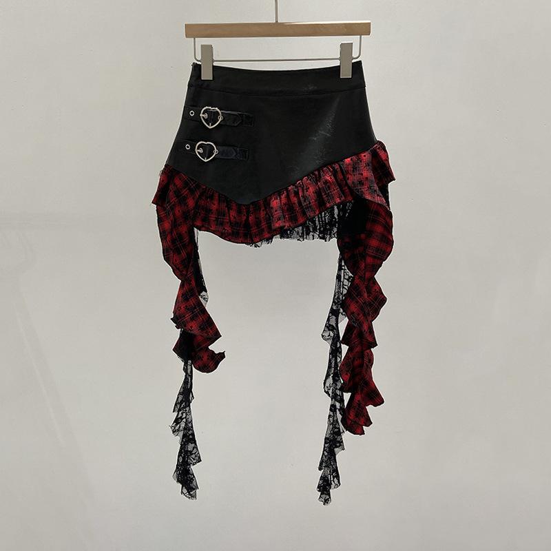 French irregular ruffle edge skirt plaid splicing leather skirt love buckle personalized retro Spice Girl short skirt women's autumn