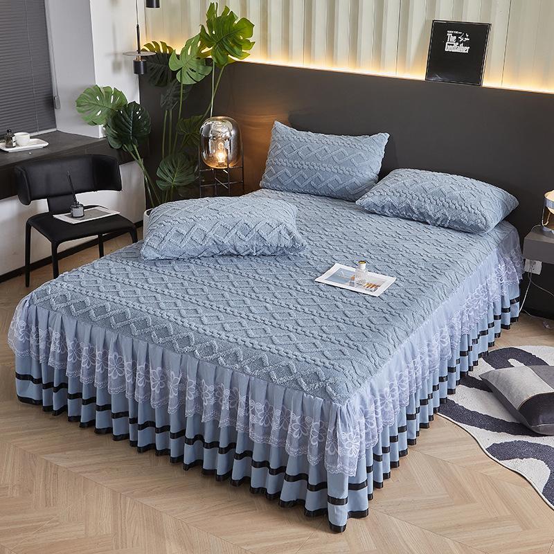 Autumn Winter New Taffeta Single Bed Skirt French Lace Trim Fleece Thickened Coral Fleece Bed Cover