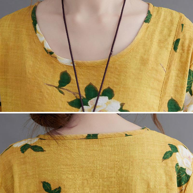 Women's Summer Round Neck Short Sleeve T-shirt Loose and Thin Casual Cotton Linen Graphic Shirt Leisure Blouse Tops