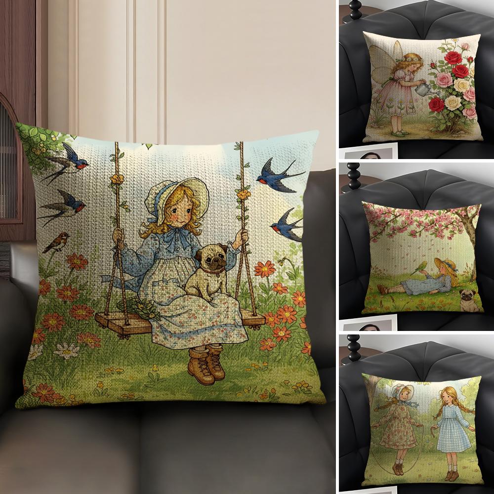 Art Sarah Kay Swing Girl Cushion Cover Natural Linen Organic Fabric DoubleSided Printing Sofa Home Decor Gift Pillow Case