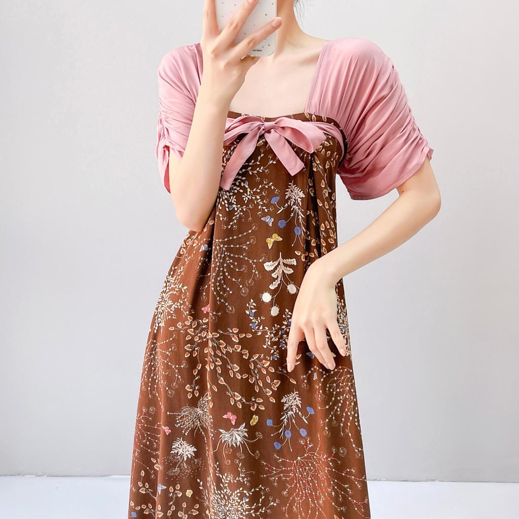 Women's nightgown thin short-sleeved printing light luxury simple breathable casual loungewear long skirt can be worn outside