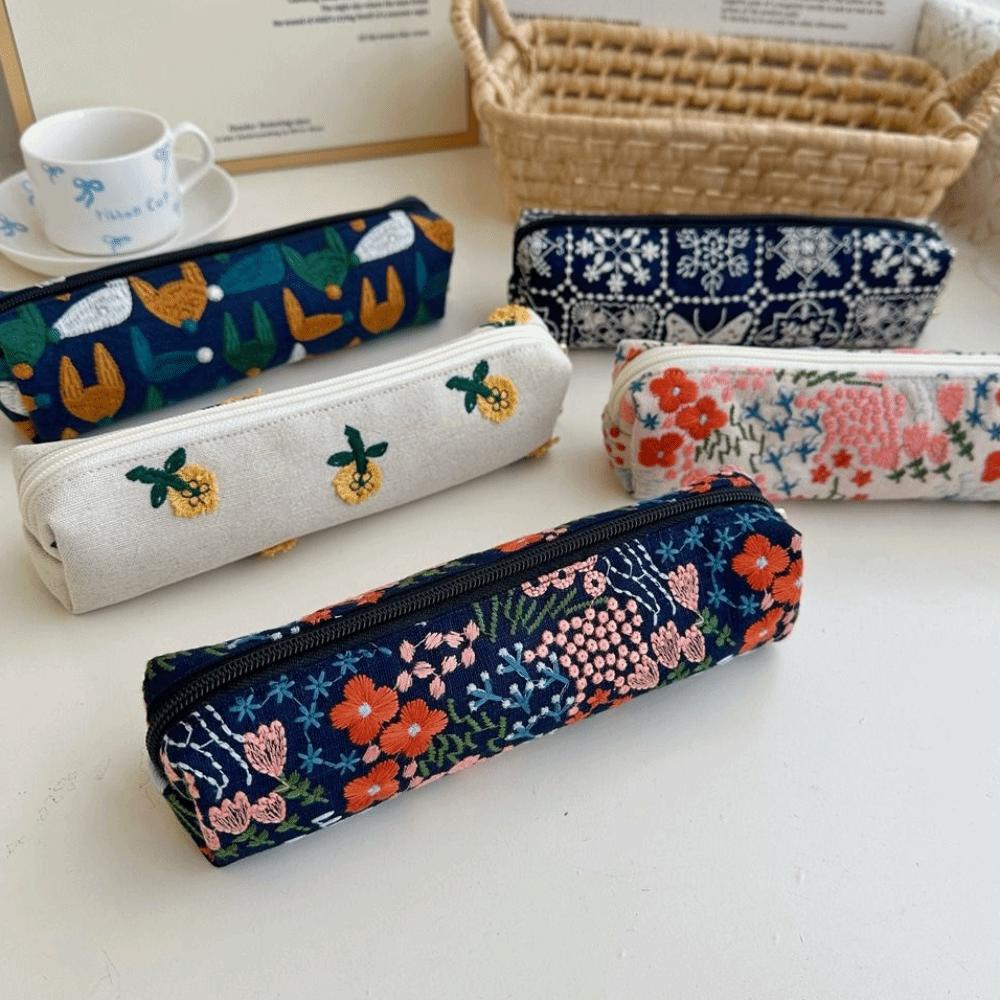 Print Embroidered Pencil Case Flower Cloth Stationery Bag Pencil Pouch  Office
