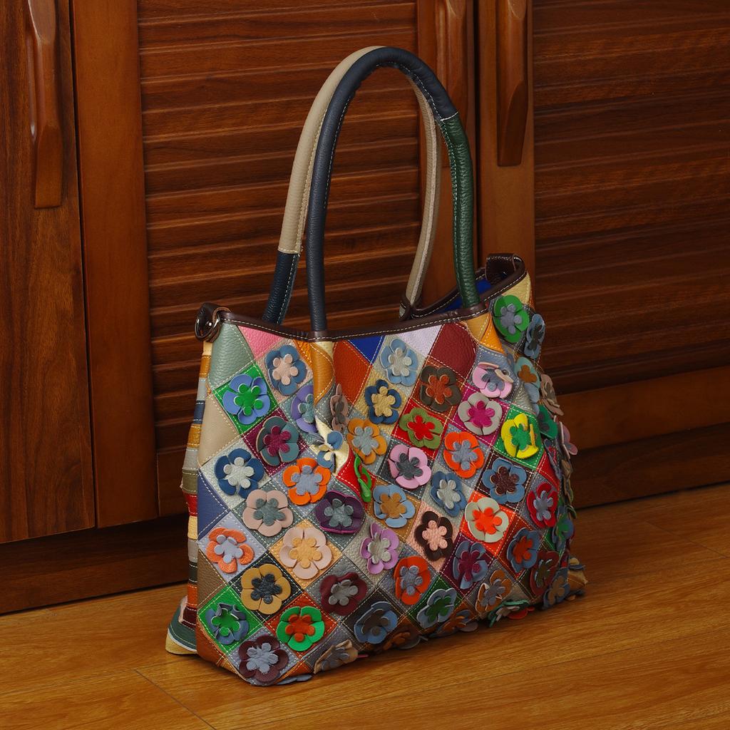 Leather Women'S Bag Hand-Spliced Flowers Colorful Random Contrasting Color Shoulder Messenger Bag