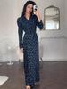 2025 European & American Blue Floral V-Neck Long-Sleeve Casual Dress