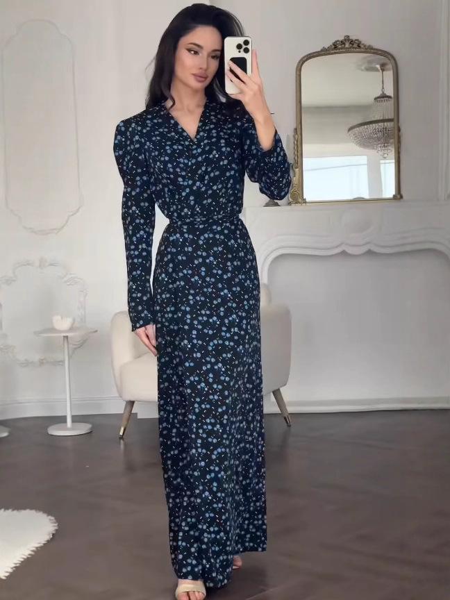 2025 European & American Blue Floral V-Neck Long-Sleeve Casual Dress