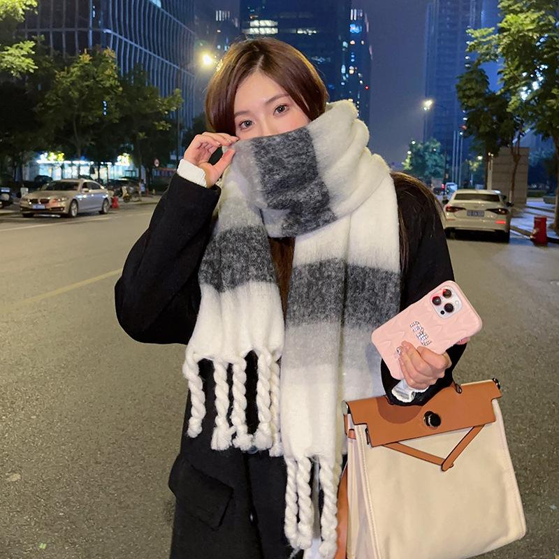 New Maillard Striped Thick Tassel Big Braid Plush Scarf Winter Warm Thickened Lazy Student Scarf