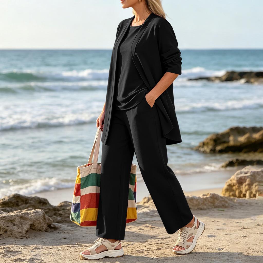 Women Summer Three Piece Set Sleeveless Top Open Front Cardigan Wide Leg Pants Casual Lounge Outfit