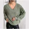Autumn and Winter Women's Knitted Sweater Casual Pure Color Long Sleeved V-neck Pullover