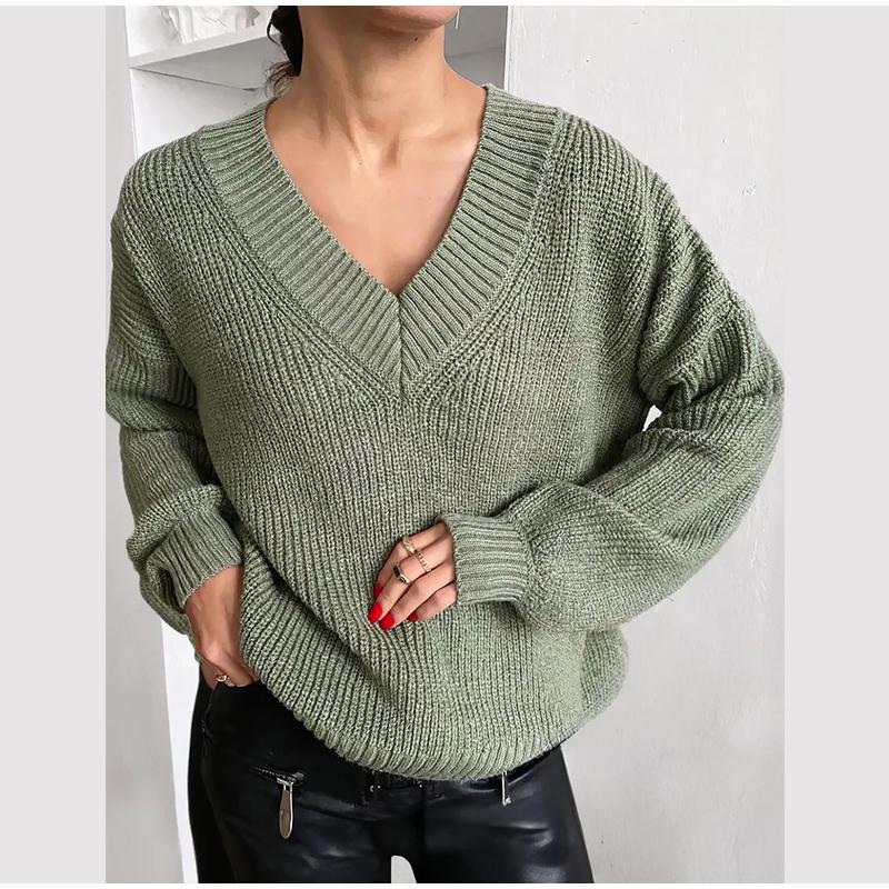 Autumn and Winter Women's Knitted Sweater Casual Pure Color Long Sleeved V-neck Pullover