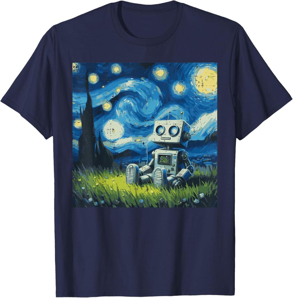 Starry Night Robot Graphic Tee Cotton Round Neck Casual TShirt Art Painting Print Tops for Men Women