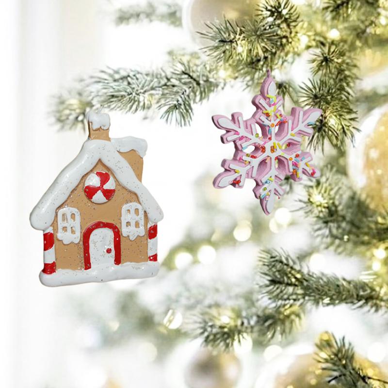Pink Snowflakes Christmas Ornaments 2024 Home Interior Decoration Cute Resin House New Year's Decoration for Christmas Tree 2025