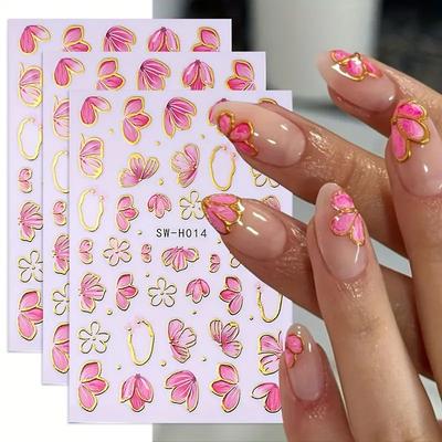 Golden Foil Floral Nail Art Stickers Sweet Style Pink & White Flower Design, Vinyl Adhesive for Elegant Manicures DIY Manicure Accessories