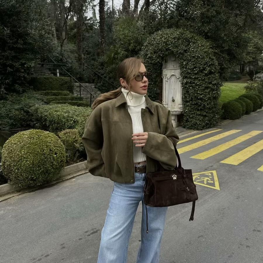 Women's Spring Autumn Faux Suede Velvet Stand Collar Zipper Button Flight Jacket Coat