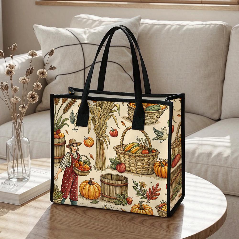 Vintage Fall Farm Harvest Printed Tote Bag Casual Daily Handbag for Shopping Travel Outdoor Use
