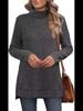 Women's High Collar Split Hem Solid Color Casual Stripe T-Shirt - Autumn/Winter 2023 Collection