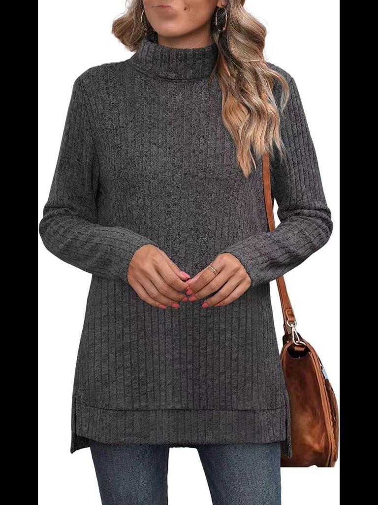 Women's High Collar Split Hem Solid Color Casual Stripe T-Shirt - Autumn/Winter 2023 Collection