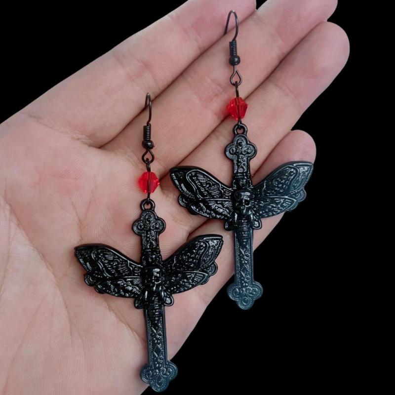 Gothic Dark Punk Moth Cross Earrings - European and American Style