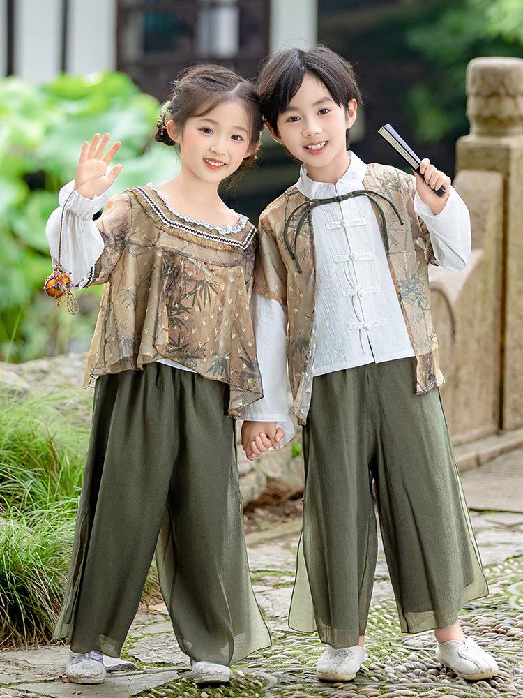 Kids' Traditional Bamboo Leaf Tang Suit Set - Long Sleeve Hanfu for Spring & Autumn 2025