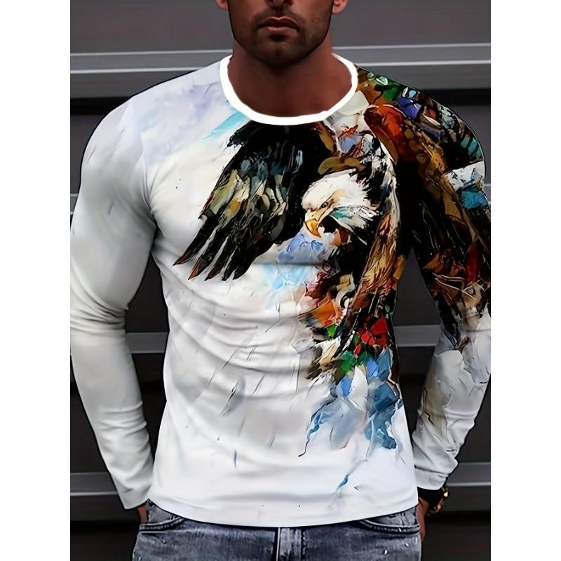 

Осенняя мужская футболка с длинным рукавом большого размера с кубическим принтом животных и круглым вырезом, повседневная винтажная рубашка с изображением орла 6XL