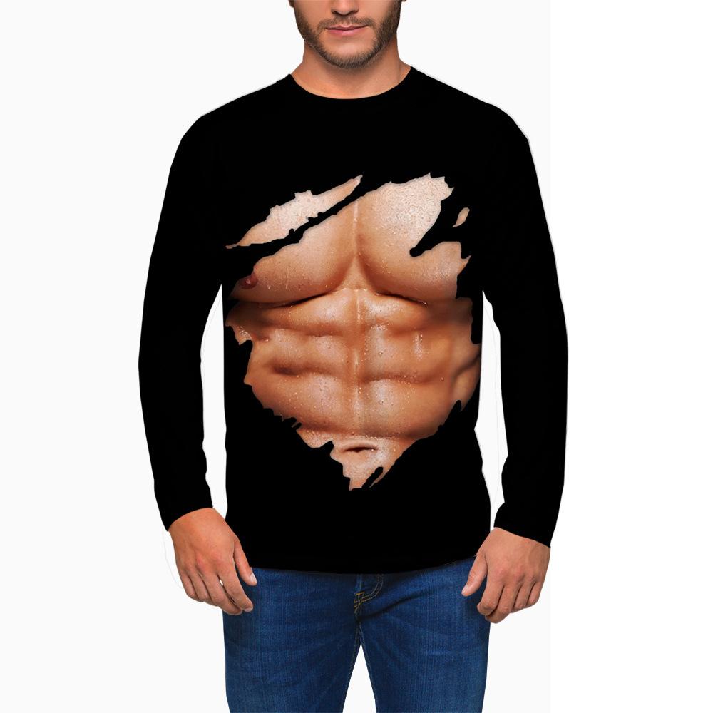 Spring and Autumn Round Neck Simulated Muscle Pattern 3D Printed Top Fashionable Casual Long Sleeved Men's T-shirts