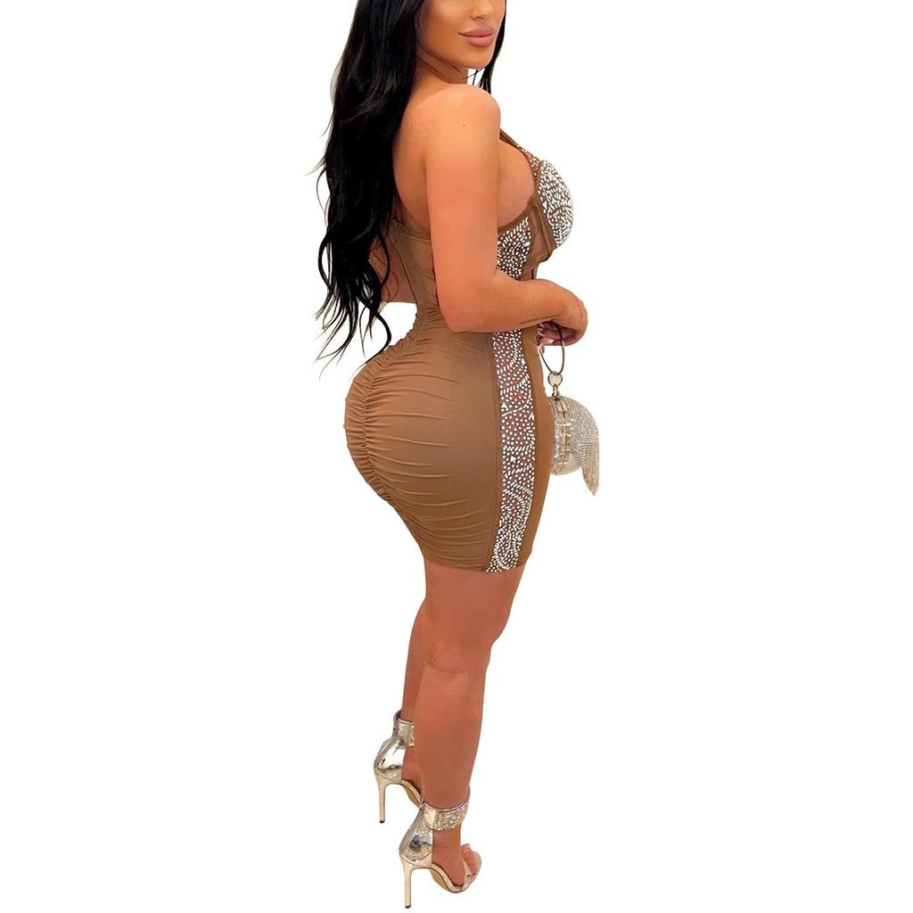 European & American Solid Color Women's Mesh Sleeveless Asymmetrical Neck Short Dress with Hot Drilling 