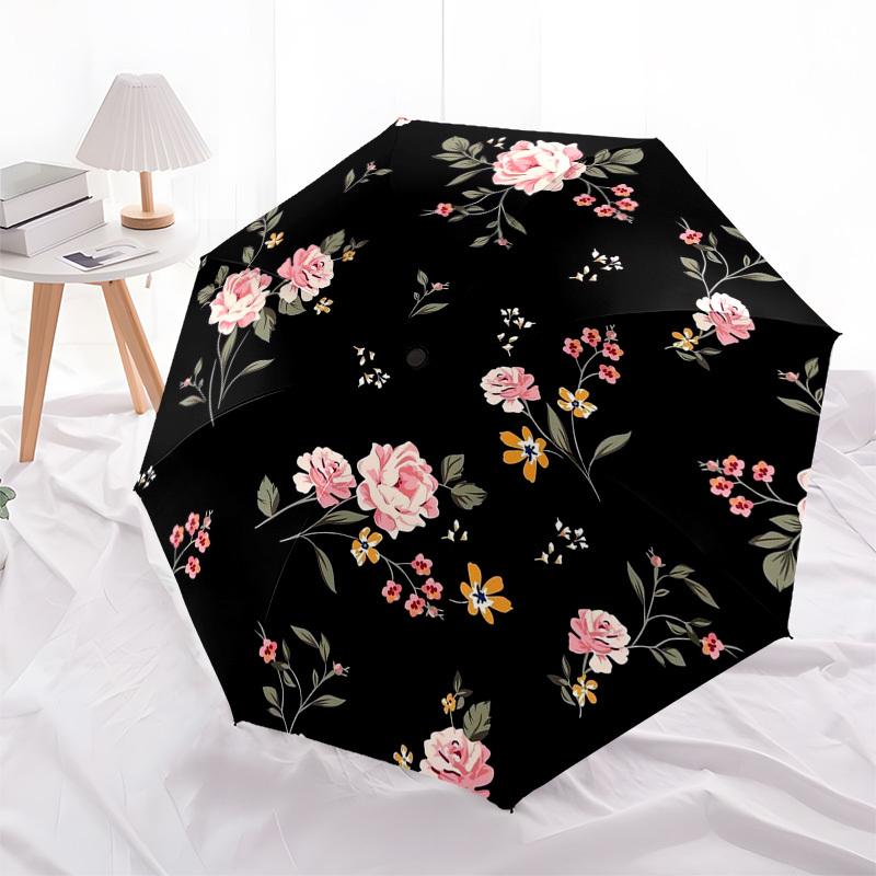 1pc Floral Pattern Black Background Pink Flowers Umbrella with Plastic Handle,Suitable for All Seasons Home Travel Outdoor Umbrellaptys31009