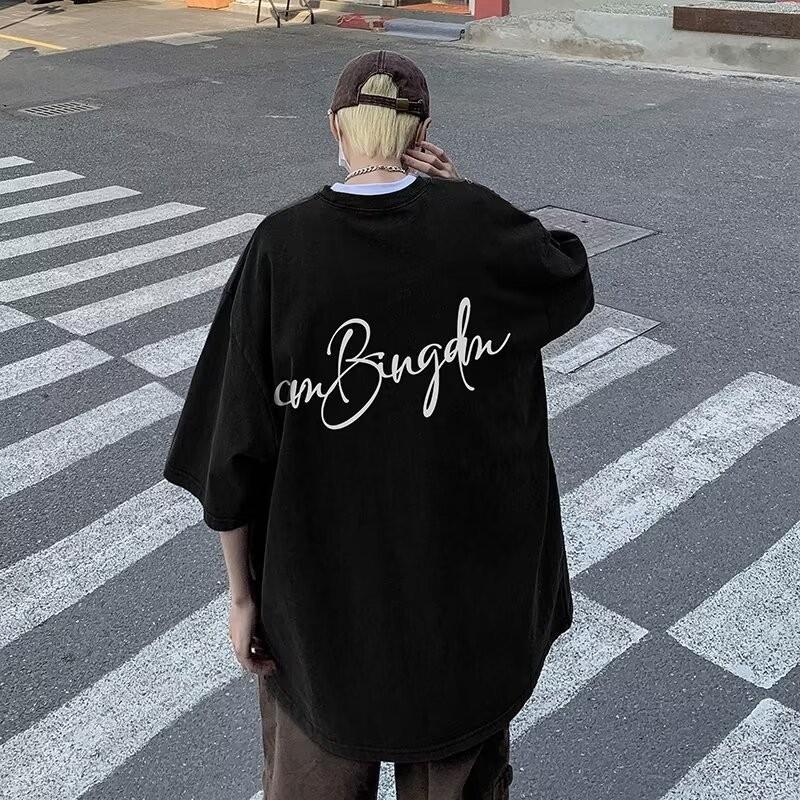 

2025 Новая летняя мужская футболка оверсайз, корейский повседневный свободный стиль, футболка с принтом в виде букв и звезд, трендовая повседневная футболка S