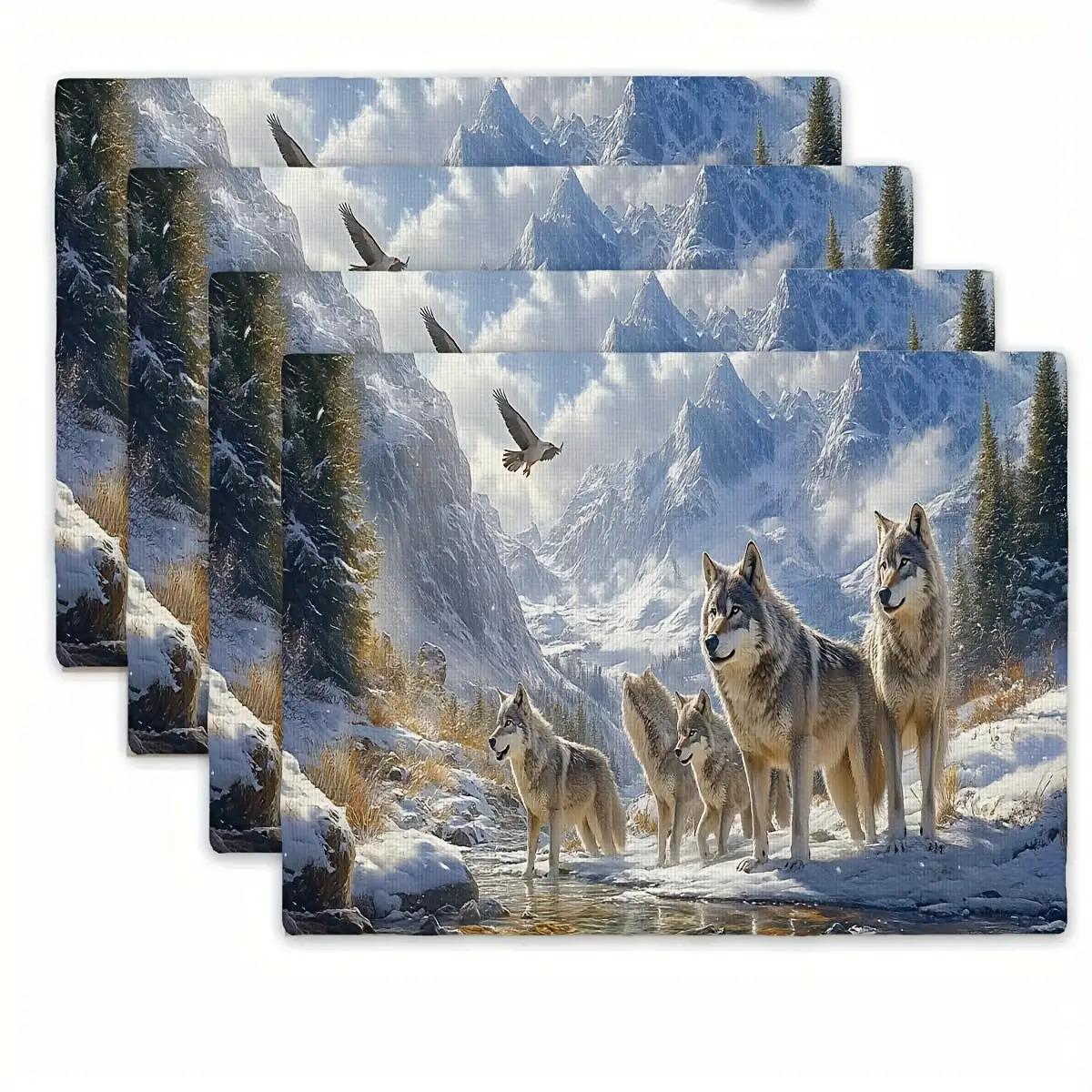 

Linen Placemat Wolf Snow Mountain Forest Nature Animal Scenic Washable Heat Resistant Kitchen Dining Table Mat Home Decor 4Pcs-30X45cm(12X18in
