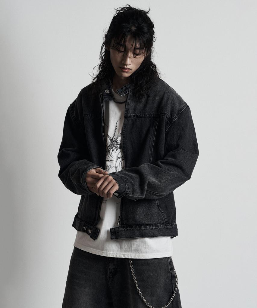 Search410 Biker Vintage Washed Denim Jacket Sand Black