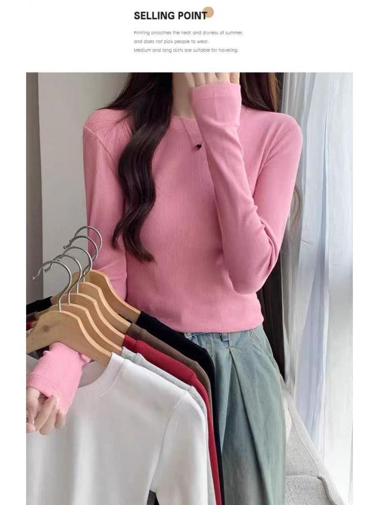 Burgundy Spicy Girl Long Sleeve Slimming T-Shirt for Women - Straight Shoulder, Autumn/Winter Style.
