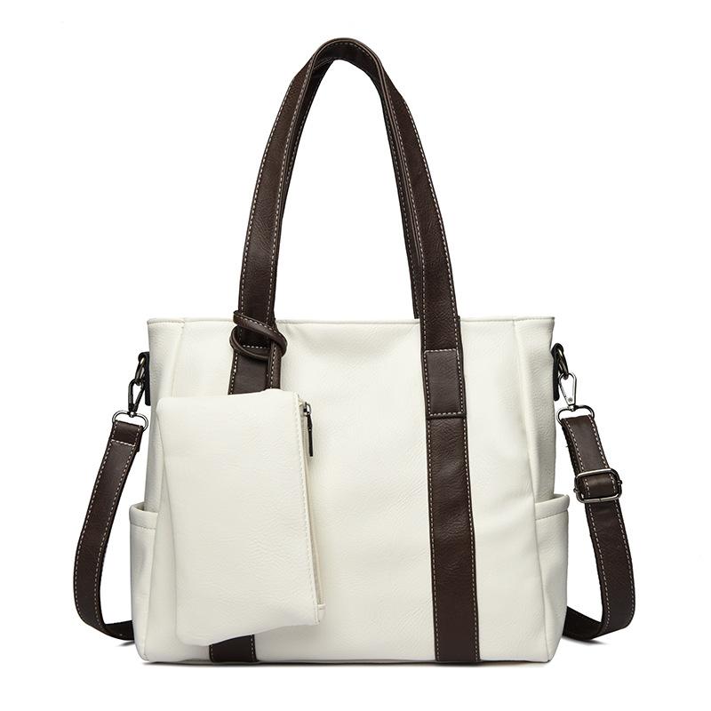 Single-shoulder Bag: Fashionable and Simple Color-blocking Tote Bag, Soft Leather Single-shoulder Commuter Bag