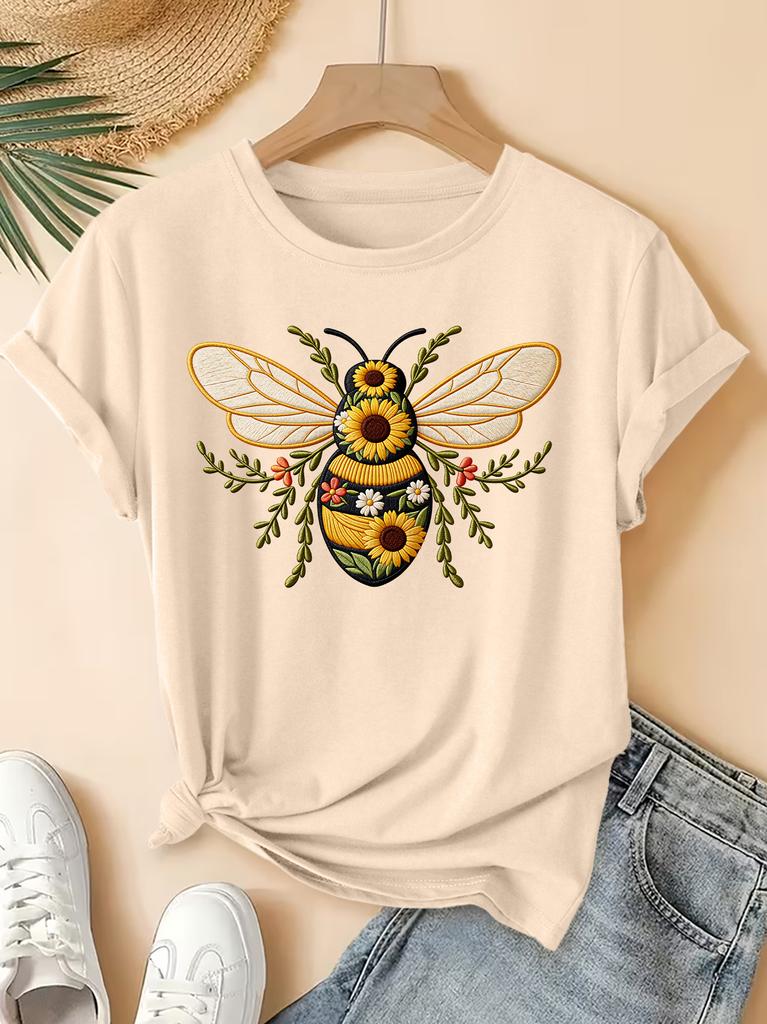 Bee Sunflower Print  Spring Summer Newest Women's Round Neck Imitation Style Bee Sunflower Print Short Sleeved Harajuku T-Shirt