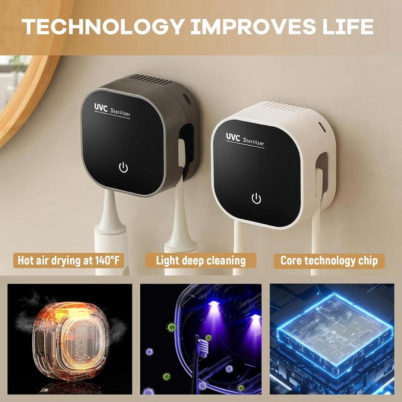 AT05-Suport periuță de dinți Montat pe perete Suporturi periuță de dinți cu 2 fante pentru periuțe Suport periuță de dinți electrică cu curățare și uscare